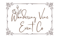 Wandering Vine Event Co logo. Cursive font surrounded with ornate boarder