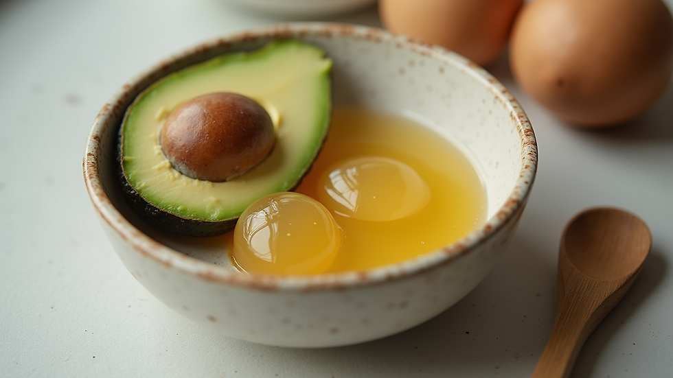 Eye-level view of a bowl with natural hair mask ingredients including avocado and honey