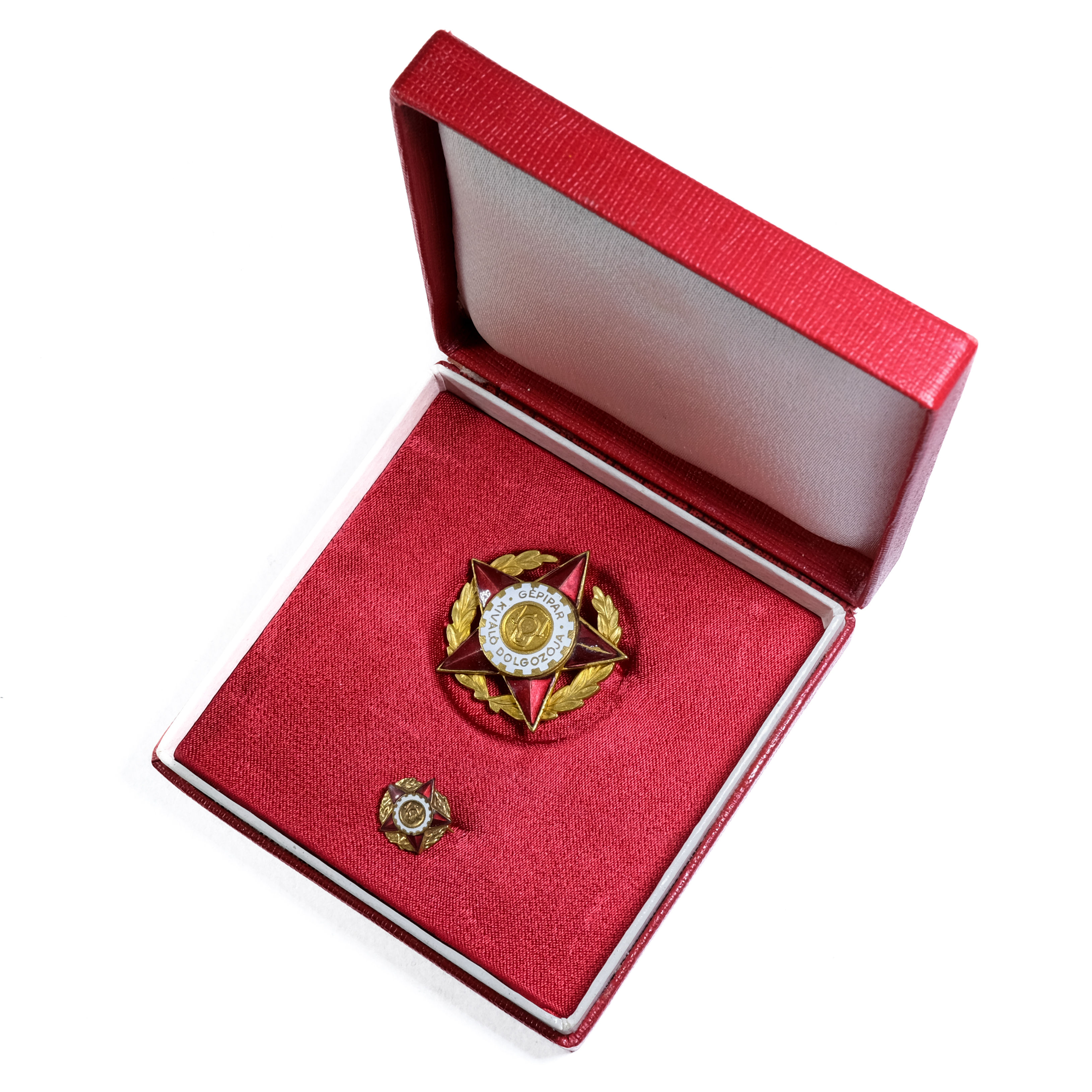 Hungarian "Excellent Worker of Mechanical Industry" Badge (Cased w/ Mini)