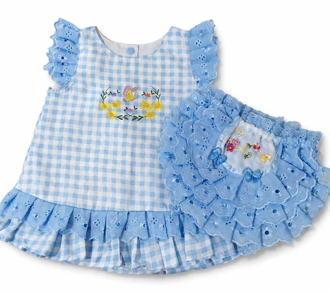 Vestido Infantil Xadrez Azul Bordado + Tapa Fralda