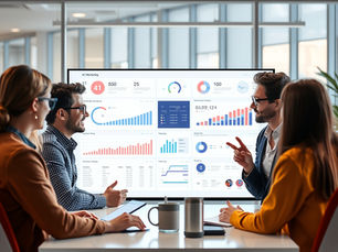 Marketing team collaborating around a screen with AI-powered data visuals, showing humans and AI working together on campaigns.