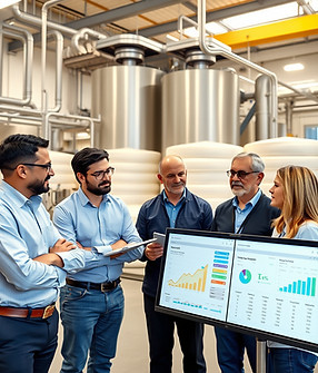 Professional, realistic scene inside a modern grain milling facility. A diverse group of b