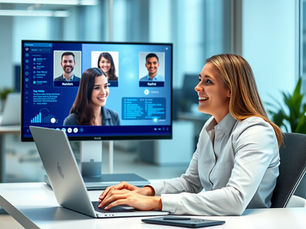 Recruiter using a laptop with AI-powered recruiting tools on the screen while talking with a job candidate, showing technology supporting human connection in hiring.