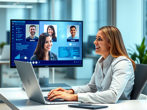 Recruiter using a laptop with AI-powered recruiting tools on the screen while talking with a job candidate, showing technology supporting human connection in hiring.