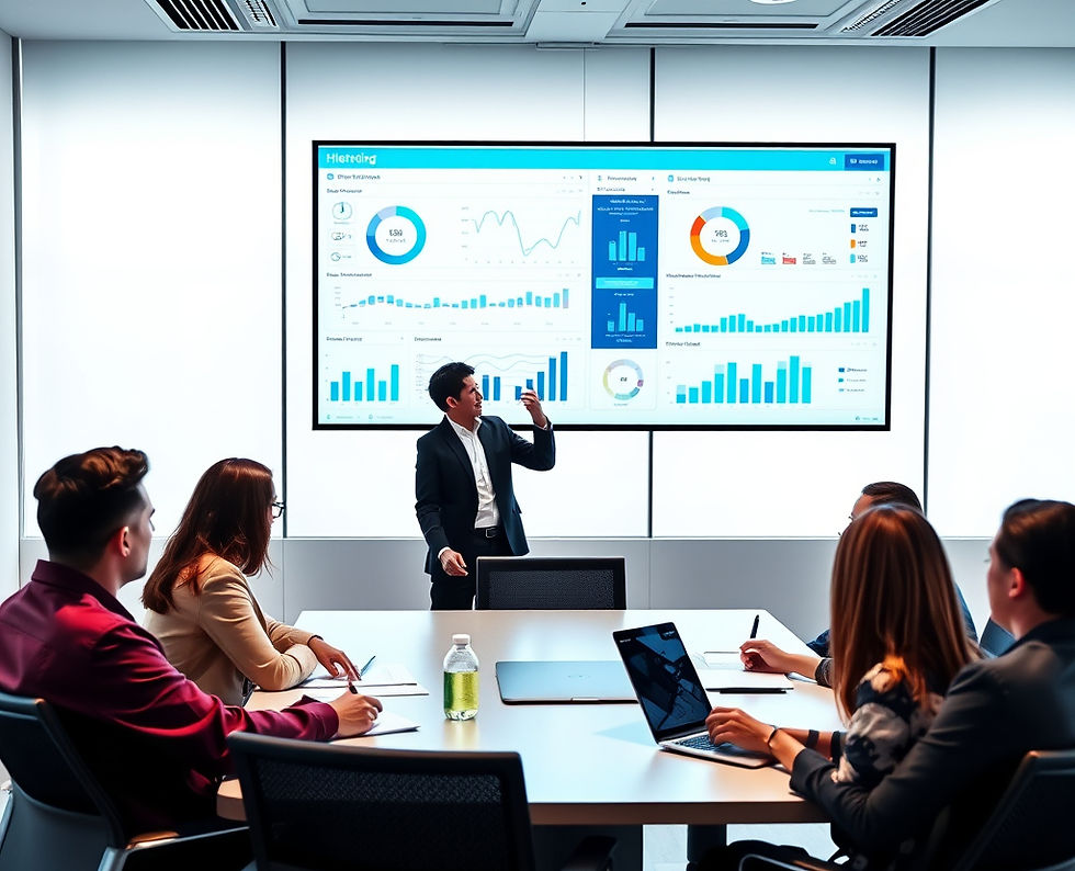 Technology leader and diverse team reviewing data dashboards while planning year‑end hiring and budget investments.