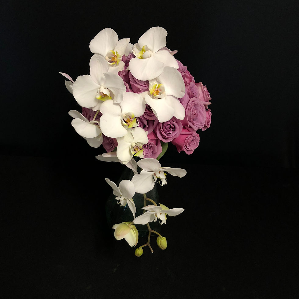 Rosas lila con caída de orquídeas