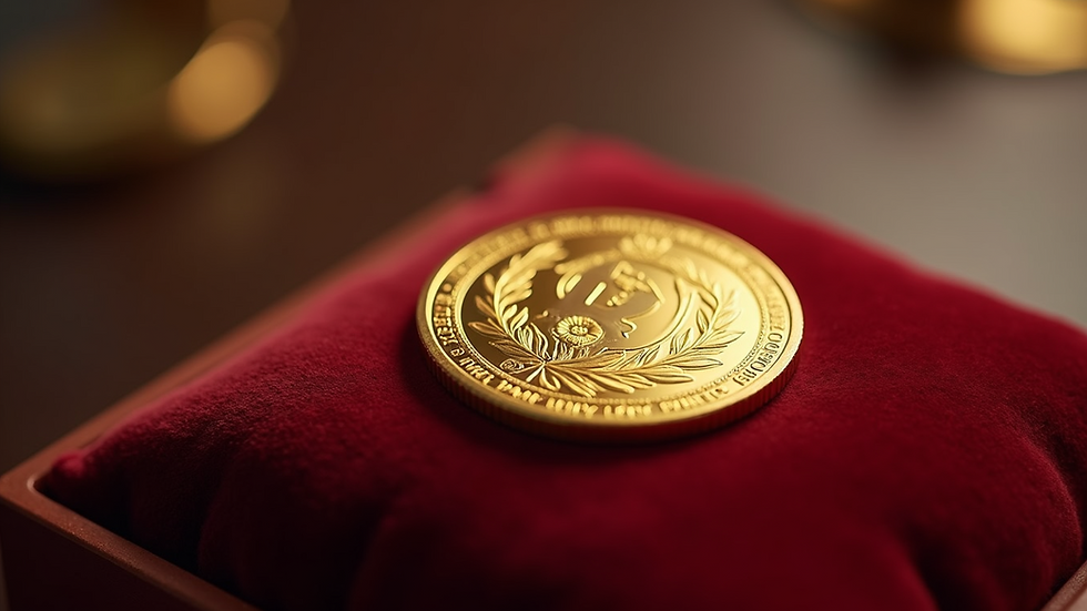 Close-up view of a rare gold coin on a velvet cushion