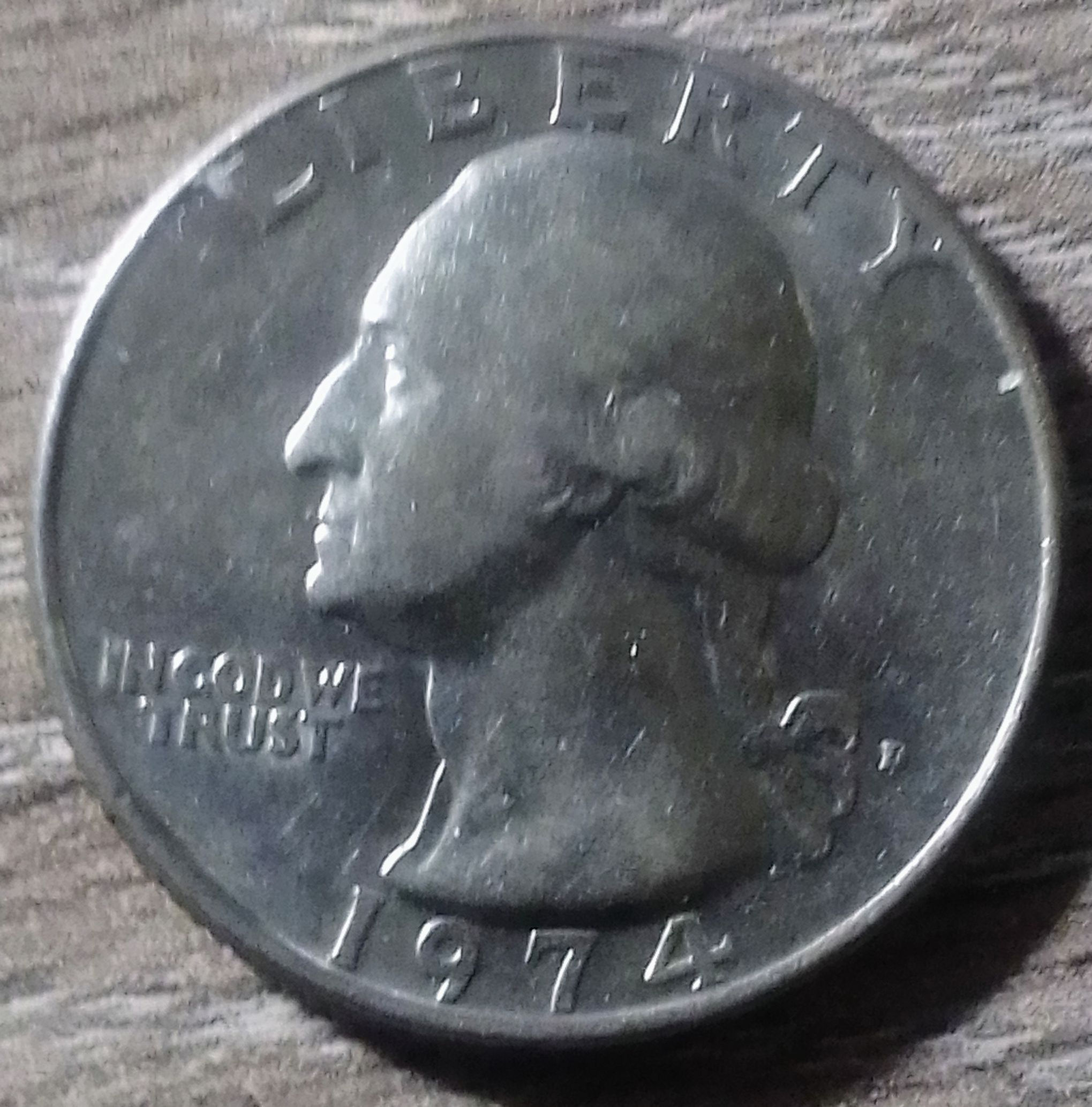 Obverse of 1974  Small P mint mark Washington Quarter with Double Die on "IN GOD WE TRUST"