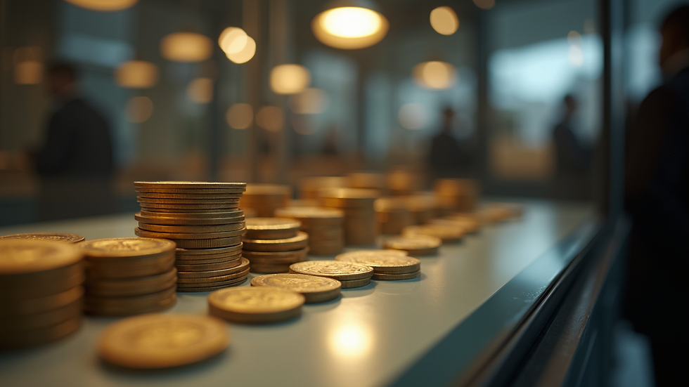 Eye-level view of a collection of rare coins displayed in a glass case