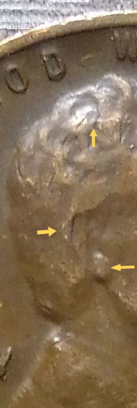 Thumbnail: Reverse of Lincoln 1944s  Penny with close view of Ear Bell Errors and Hair 