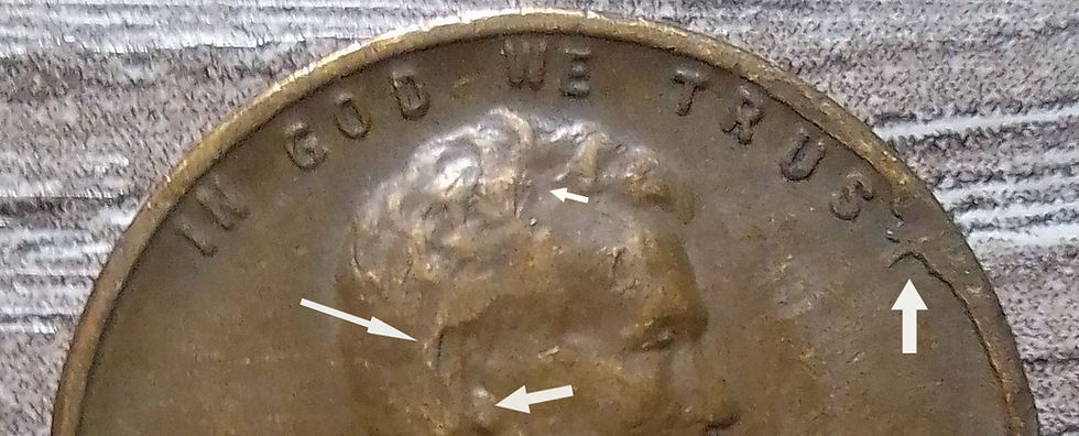 Thumbnail: 1944 S Lincoln Penny Obverse where Erabell is not  complete and at the bottom the ear is swollen.Also the T in Trust is damaged and the Rim when Minted