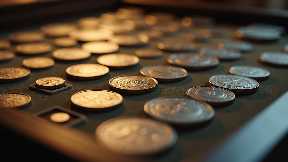 Close-up view of a coin display case with rare coins arranged neatly