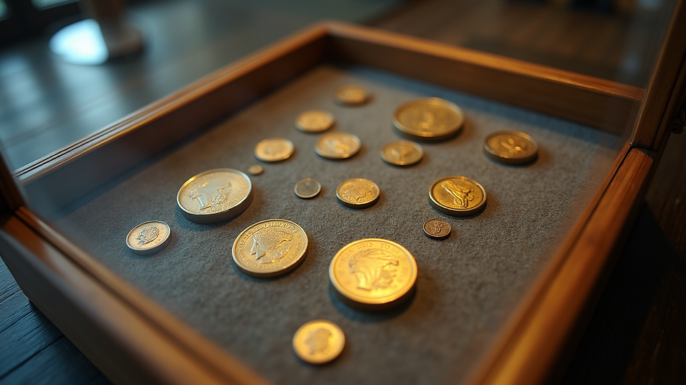 Eye-level view of a vintage coin collection displayed in a glass case