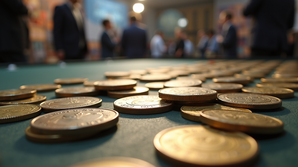 Eye-level view of a numismatic exhibition table with various South African coins