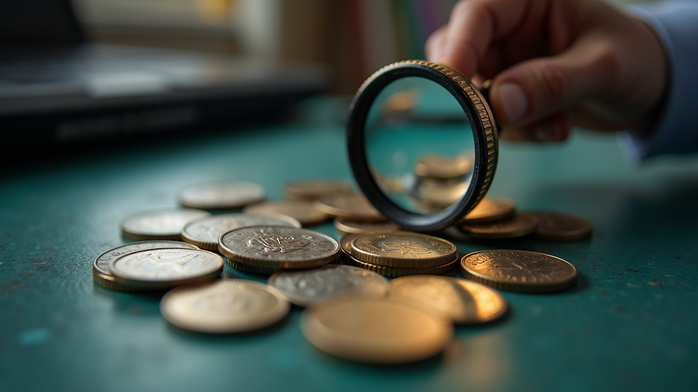 Eye-level view of a numismatist examining coins under a magnifying glass