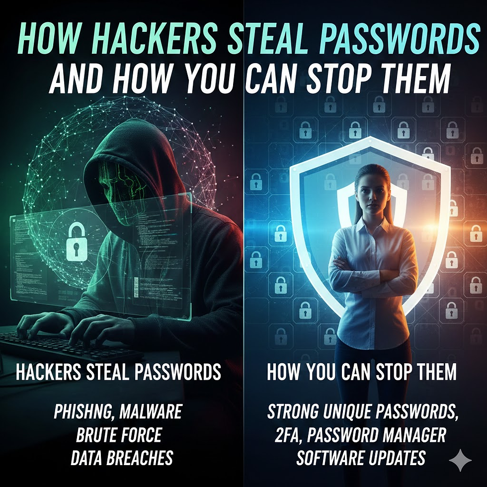 Hacker in a hoodie with digital screens on left; woman in front of shield on right. Text: How hackers steal passwords and stop them.