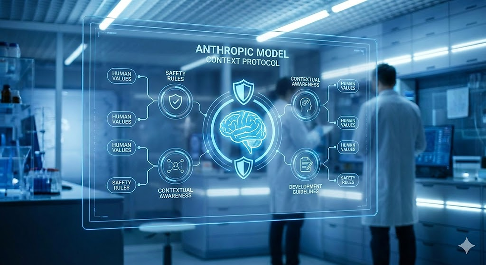 Two scientists in a futuristic lab view a holographic display titled Anthropic Model. The screen shows a brain and related terms in blue.
