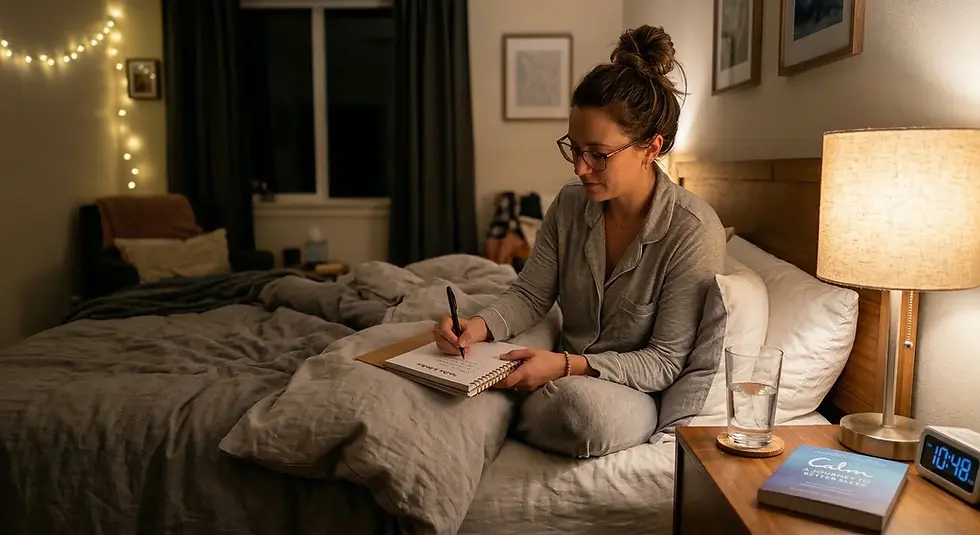 Woman in pajamas writing in a journal on bed at night. Warmly lit room with string lights and a lamp. Book titled "Calm" on nightstand.