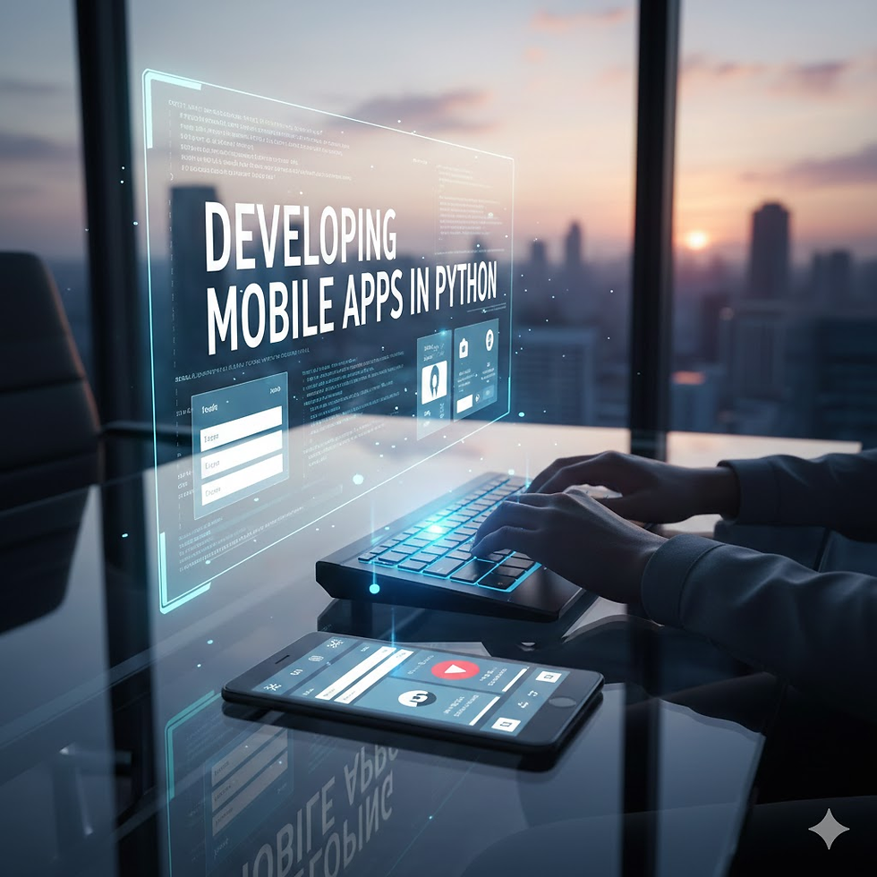 Person typing on a laptop with holographic display reading "DEVELOPING MOBILE APPS IN PYTHON" in an office at sunset. Mood: focused.