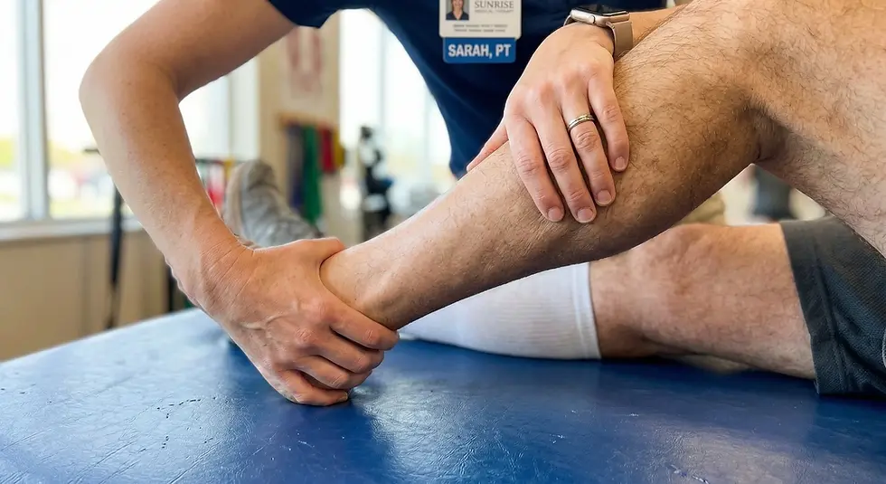 Physical therapist named Sarah, in blue uniform, handles a patient's ankle on a blue mat in a bright therapy room.