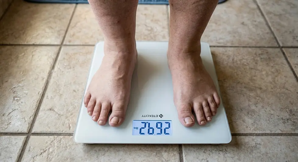 Feet standing on a digital scale reading 269.2 lbs. The scale is on a beige tiled floor, emitting a calm, neutral mood.