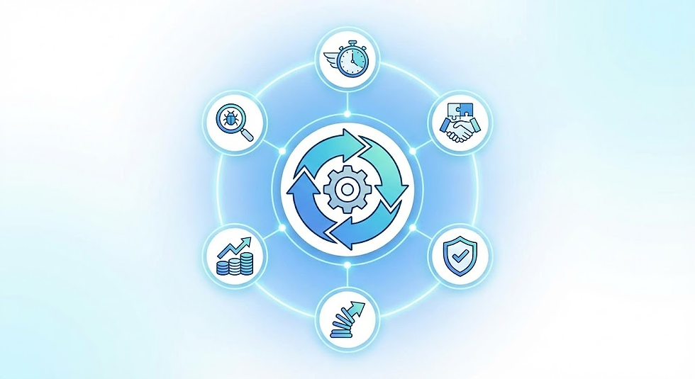 Cycle diagram with a gear in the center, connected to icons: magnifier, clock, handshake, shield, growth chart, and arrow, on a blue gradient.
