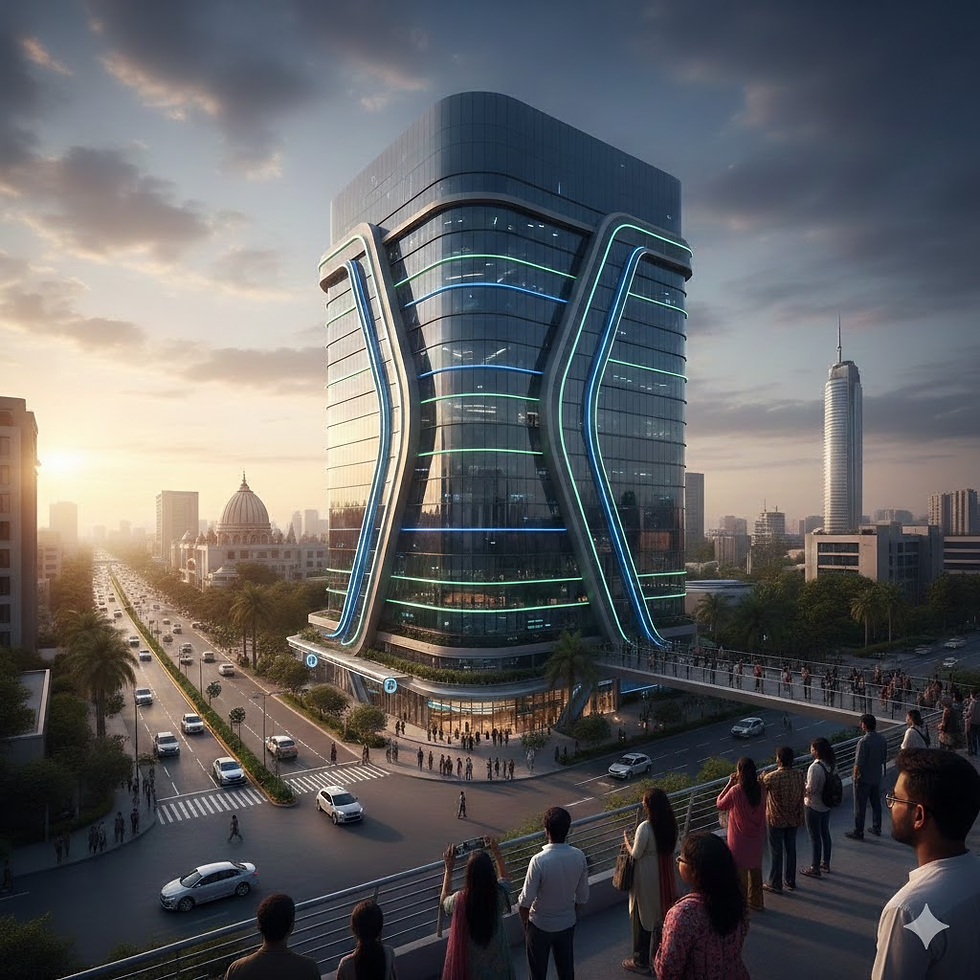 Modern glass skyscraper with neon lights, curved design, at sunset. Crowd on a balcony watching traffic below. City skyline in background.