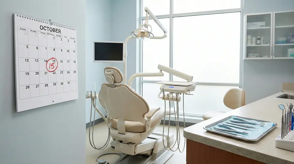 Dental office with beige chair, tools on a counter, and a wall calendar highlighting October 15. Large window brings in natural light.