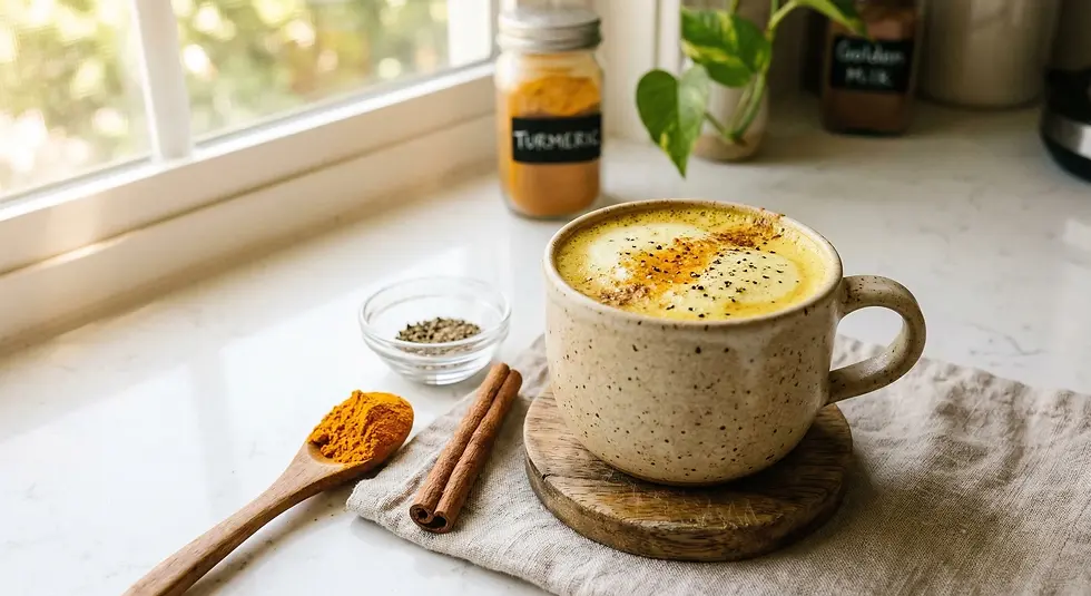 Ceramic cup of turmeric latte with cinnamon, turmeric powder, and pepper in a well-lit kitchen. Jar labeled 'Turmeric' in background. Cozy mood.
