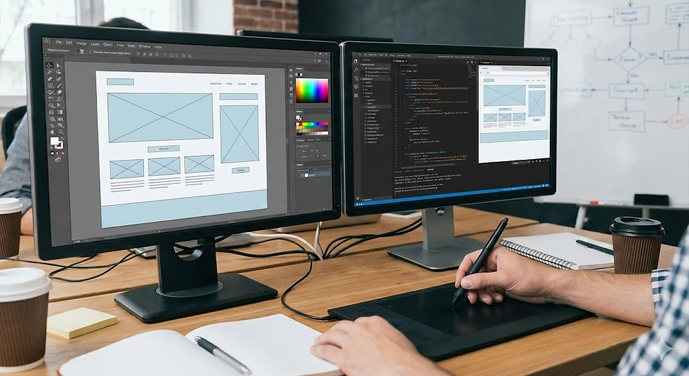 Desktop monitor showing custom application interface wireframes