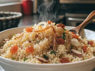 A bowl of steaming couscous with tomatoes and herbs on a kitchen counter, creating a warm, inviting atmosphere.