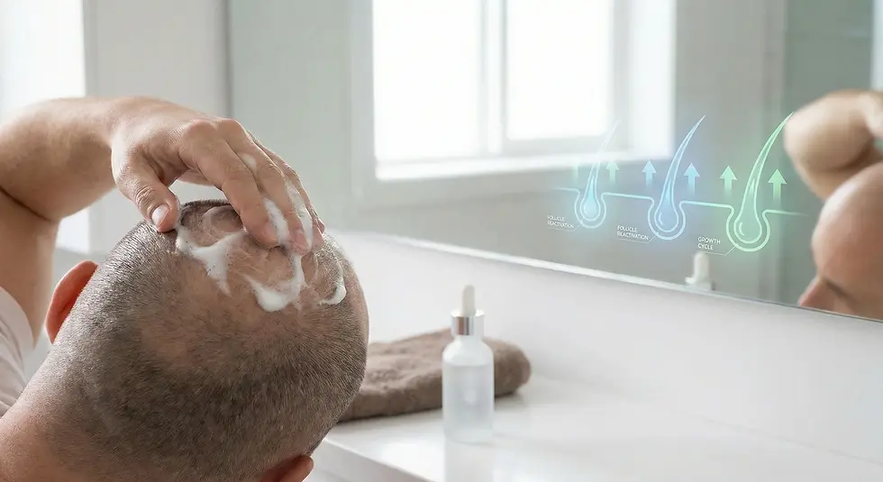 A person lathers their bald head with soap in a bright bathroom, reflected in a mirror displaying a hair growth cycle diagram.