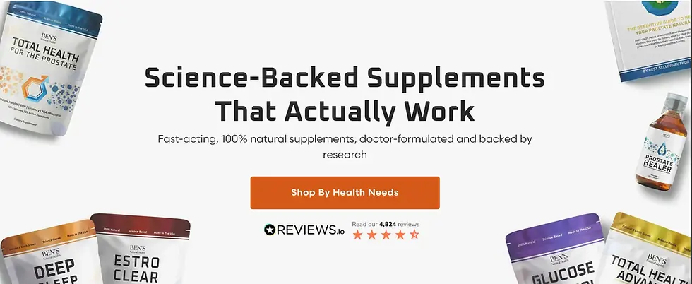 Supplements displayed with text "Science-Backed Supplements That Actually Work." Includes product names like "TOTAL HEALTH" and "PROSTATE HEALER."