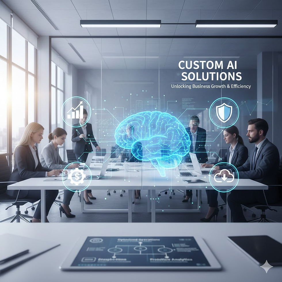 Business team working on laptops in modern office. Blue AI brain hologram and icons; text reads "Custom AI Solutions." Professional mood.