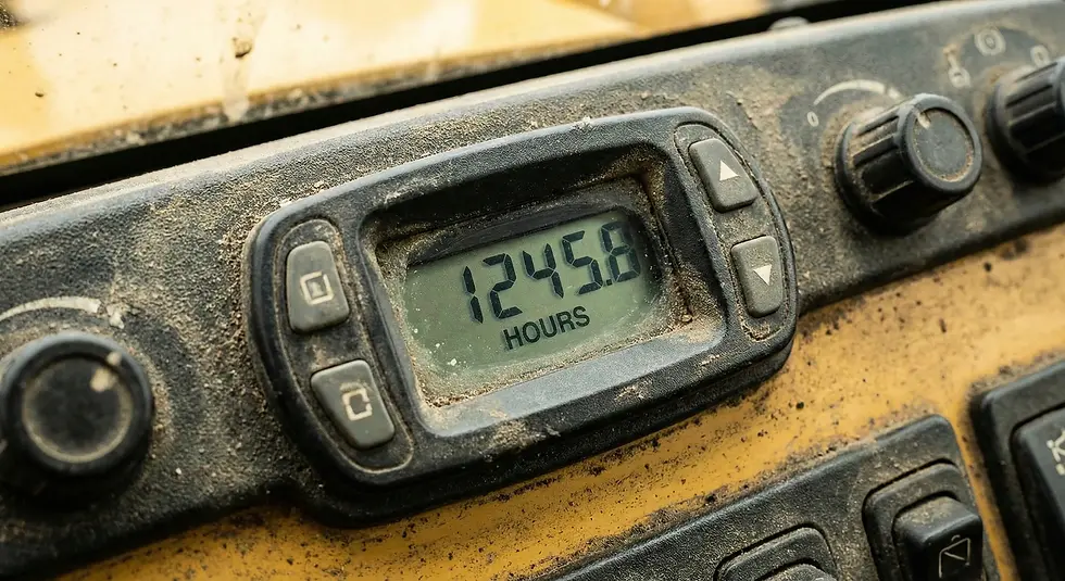 Close-up of a dusty machine dashboard showing an hour meter display reading 1245.8 hours, with control knobs and buttons around it.