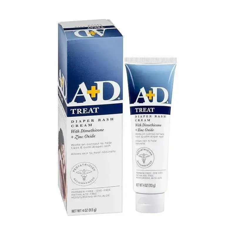 A+D Treat Diaper Rash Cream packaging with blue and white colors. Text highlights Dimethicone, Zinc Oxide, and pediatrician recommendation.