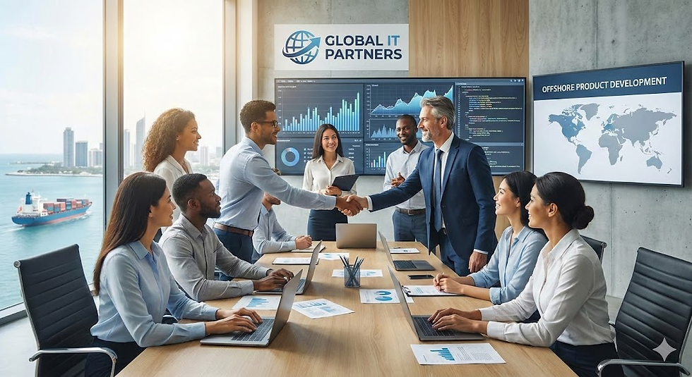 Business meeting with diverse team in office, two men shaking hands. Conference room has large windows, cityscape, and cargo ship view.