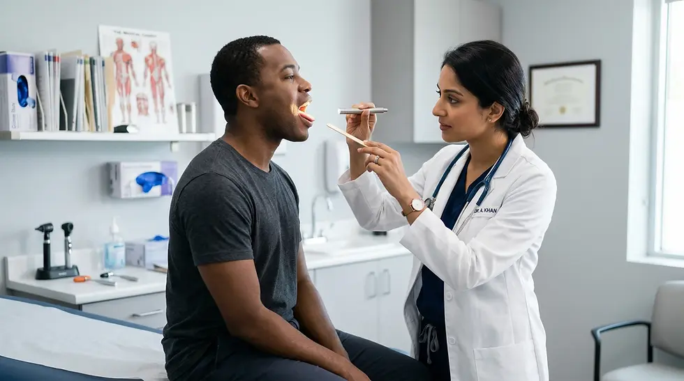 Doctor examining a patient's throat and ears in a medical office to diagnose sore throat and ear pain