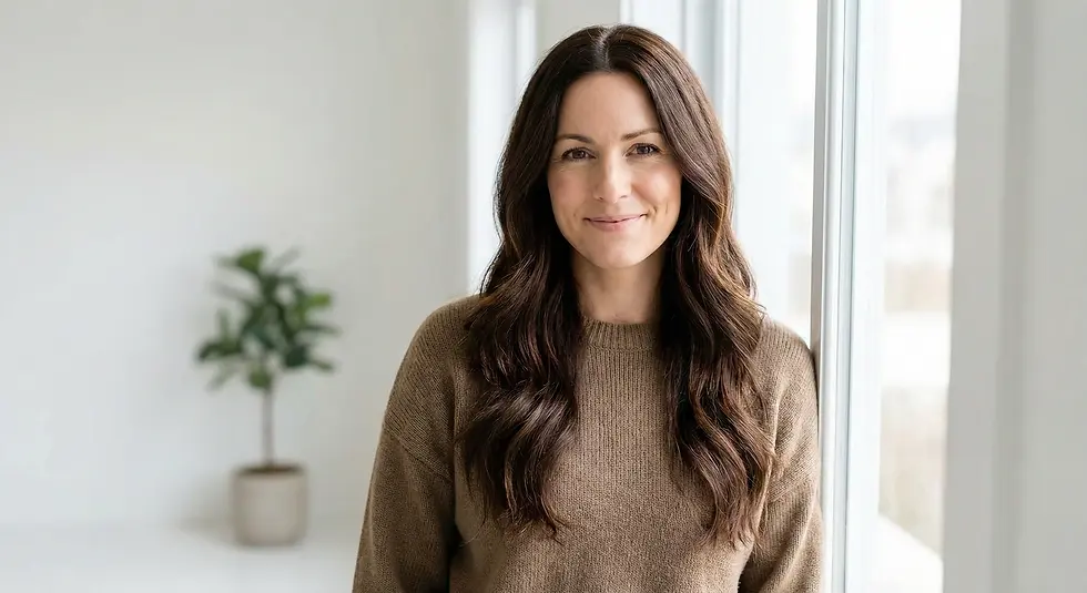 Smiling woman with long brown hair in a brown sweater stands by a window. Minimalist white room with a potted plant in the background.