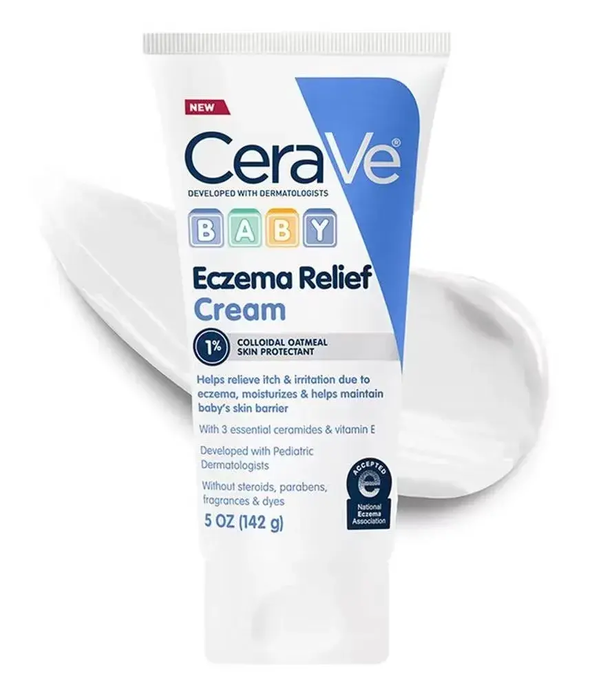 CeraVe Baby Eczema Relief Cream tube on a white background. Blue and white design with text about benefits, including oatmeal and ceramides.