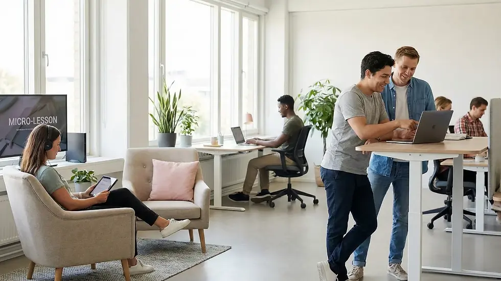 Open office with large windows. Two men collaborate on a laptop. A woman with headphones sits near a "MICRO-LESSON" screen. Relaxed vibe.