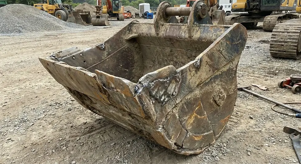Rusty excavator bucket on a construction site with gravel piles and machinery in the background, creating a rugged industrial scene.