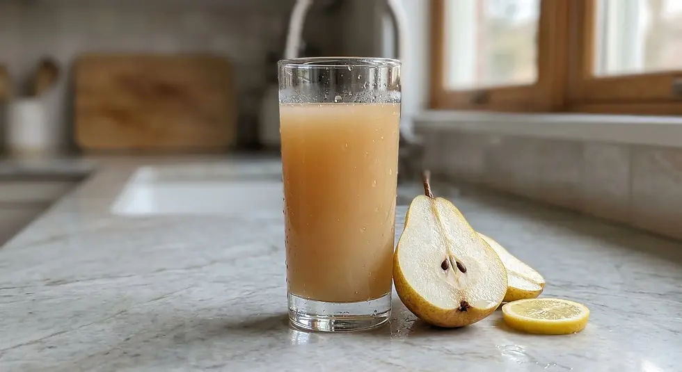 A glass of pear juice on a marble countertop, next to sliced pear and lemon. Natural light from a kitchen window in the background.
