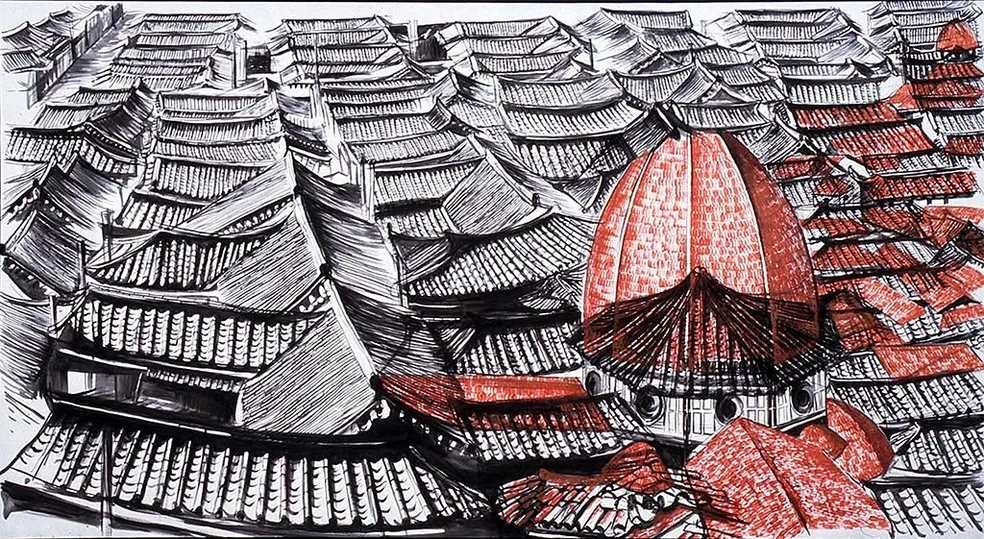 Rooftop Legends, 1994, Ink & Acrylic on Paper, 43 x 79 inches.webp