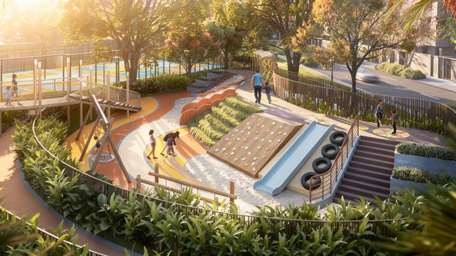 Outdoor park with jogging track, cycling track and nature