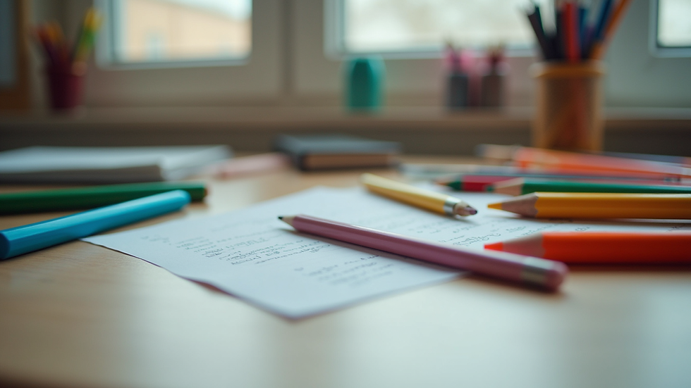 Eye-level view of a colorful array of school supplies on a desk