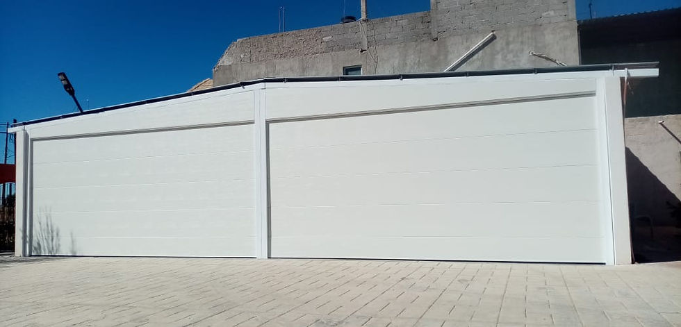 Fachada de una casa con portón de garaje de dos secciones
