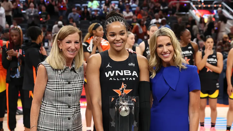 Napheesa Collier is presented with her MVP trophy on court post-game in Indy. Photo - Trevor Ruszkowski-Imagn Images