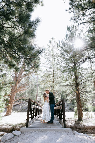 Couple in romantic kiss pose on a wooden bridge with evergreen tress in the background on Mt. Charleston, Nevada Las Vegas