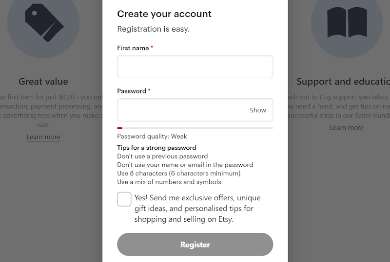 Screenshot of the registration screen on Etsy.